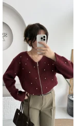 Leya Taşlı Hırka - Bordo - Kod: 4514