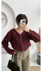 Leya Taşlı Hırka - Bordo - Kod: 4514