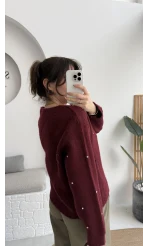 Leya Taşlı Hırka - Bordo - Kod: 4514