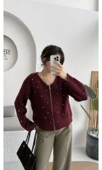 Leya Taşlı Hırka - Bordo - Kod: 4514