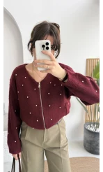 Leya Taşlı Hırka - Bordo - Kod: 4514