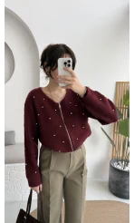 Leya Taşlı Hırka - Bordo - Kod: 4514