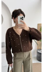 Leya Taşlı Hırka - Kahverengi - Kod: 4514