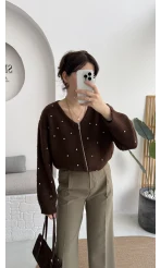 Leya Taşlı Hırka - Kahverengi - Kod: 4514