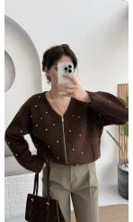 Leya Taşlı Hırka - Kahverengi - Kod: 4514