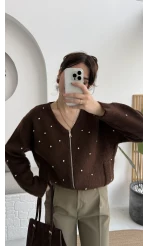 Leya Taşlı Hırka - Kahverengi - Kod: 4514