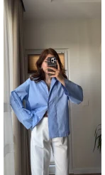 Leyla Poplin Kumaş Mavi Gömlek