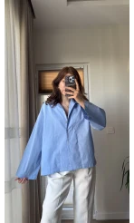 Leyla Poplin Kumaş Mavi Gömlek