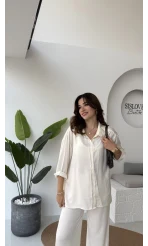 Lida Saten Gömlek Pantolon Takım - Ekru - Kod: 6022