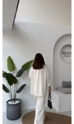 Lida Saten Gömlek Pantolon Takım - Ekru - Kod: 6022