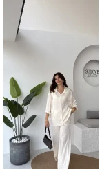 Lida Saten Gömlek Pantolon Takım - Ekru - Kod: 6022