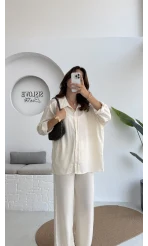 Lida Saten Gömlek Pantolon Takım - Ekru - Kod: 6022