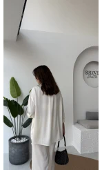 Lida Saten Gömlek Pantolon Takım - Ekru - Kod: 6022