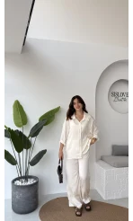 Lida Saten Gömlek Pantolon Takım - Ekru - Kod: 6022