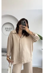 Lida Saten Gömlek Pantolon Takım - Vizon - Kod: 6022