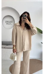 Lida Saten Gömlek Pantolon Takım - Vizon - Kod: 6022