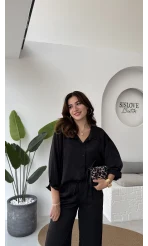 Lida Saten Gömlek Pantolon Takım - Siyah - Kod: 6022