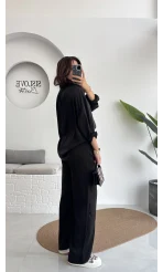 Lida Saten Gömlek Pantolon Takım - Siyah - Kod: 6022