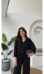 Lida Saten Gömlek Pantolon Takım - Siyah - Kod: 6022