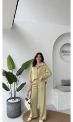 Lida Saten Gömlek Pantolon Takım - Yağ Yeşili - Kod: 6022