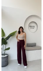 Likralı Cırtlı Palazzo Pantolon - Bordo