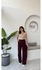 Likralı Cırtlı Palazzo Pantolon - Bordo