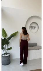 Likralı Cırtlı Palazzo Pantolon - Bordo