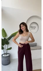 Likralı Cırtlı Palazzo Pantolon - Bordo