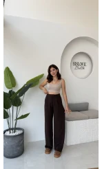 Likralı Cırtlı Palazzo Pantolon - Kahve
