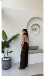 Likralı Cırtlı Palazzo Pantolon - Kahve