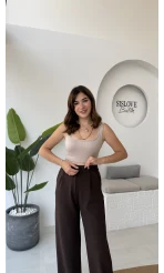 Likralı Cırtlı Palazzo Pantolon - Kahve