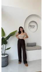 Likralı Cırtlı Palazzo Pantolon - Kahve