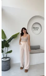 Likralı Cırtlı Palazzo Pantolon - Krem