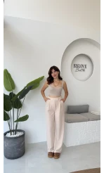 Likralı Cırtlı Palazzo Pantolon - Krem