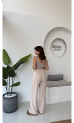 Likralı Cırtlı Palazzo Pantolon - Krem