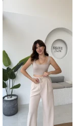 Likralı Cırtlı Palazzo Pantolon - Krem