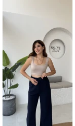 Likralı Cırtlı Palazzo Pantolon - Lacivert