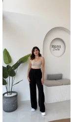 Likralı Cırtlı Palazzo Pantolon - Siyah