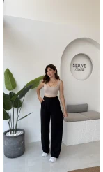 Likralı Cırtlı Palazzo Pantolon - Siyah