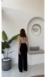 Likralı Cırtlı Palazzo Pantolon - Siyah