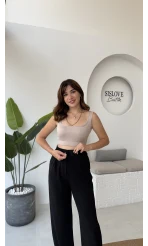 Likralı Cırtlı Palazzo Pantolon - Siyah