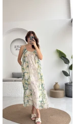 Lime Askılı Dökümlü Elbise - Koyu Ton 2 - 3321