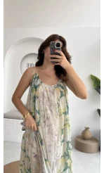 Lime Askılı Dökümlü Elbise - Koyu Ton 2 - 3321