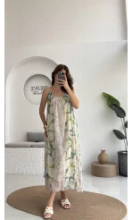 Lime Askılı Dökümlü Elbise - Koyu Ton 2 - 3321