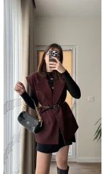 Line Kemerli Vatkalı Yelek Bordo