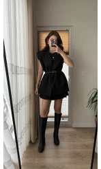 Line Kemerli Vatkalı Yelek Siyah