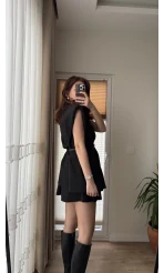 Line Kemerli Vatkalı Yelek Siyah