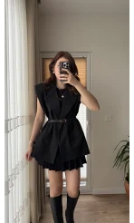 Line Kemerli Vatkalı Yelek Siyah