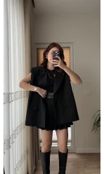 Line Kemerli Vatkalı Yelek Siyah