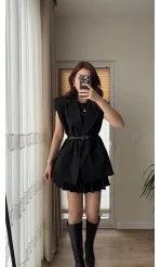 Line Kemerli Vatkalı Yelek Siyah